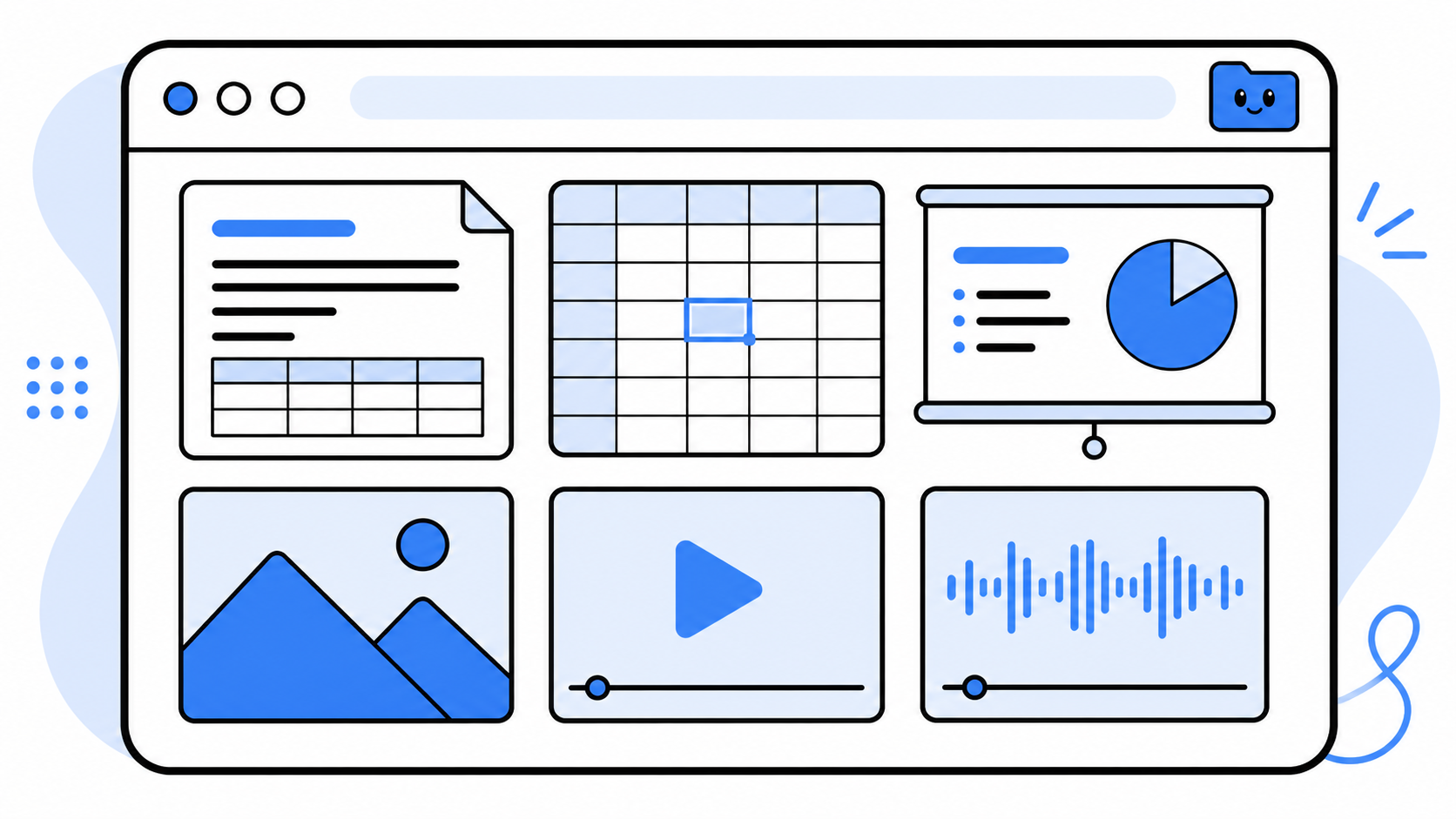 A graphical GoodFolder browser showing a document, spreadsheet, presentation, photo, video, and audio file