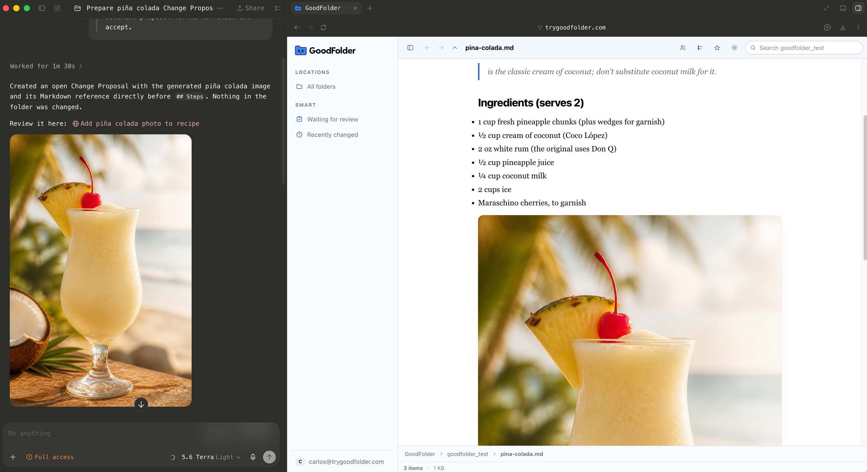 Codex beside GoodFolder, showing the accepted image rendered inline in the recipe between the ingredients and preparation steps.